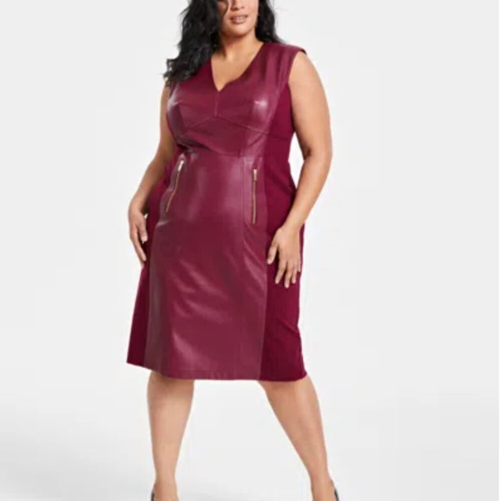 NWT Macy's INC Dress Faux Leather Sleeveless V-Neck Fitted Stretch Wine/Red, 8
